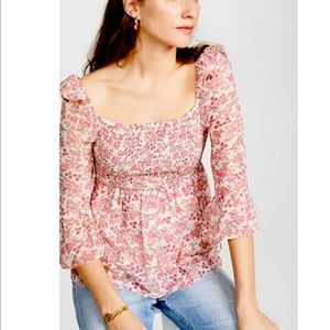 BB Dakota pink floral smocked 3/4 length blouse